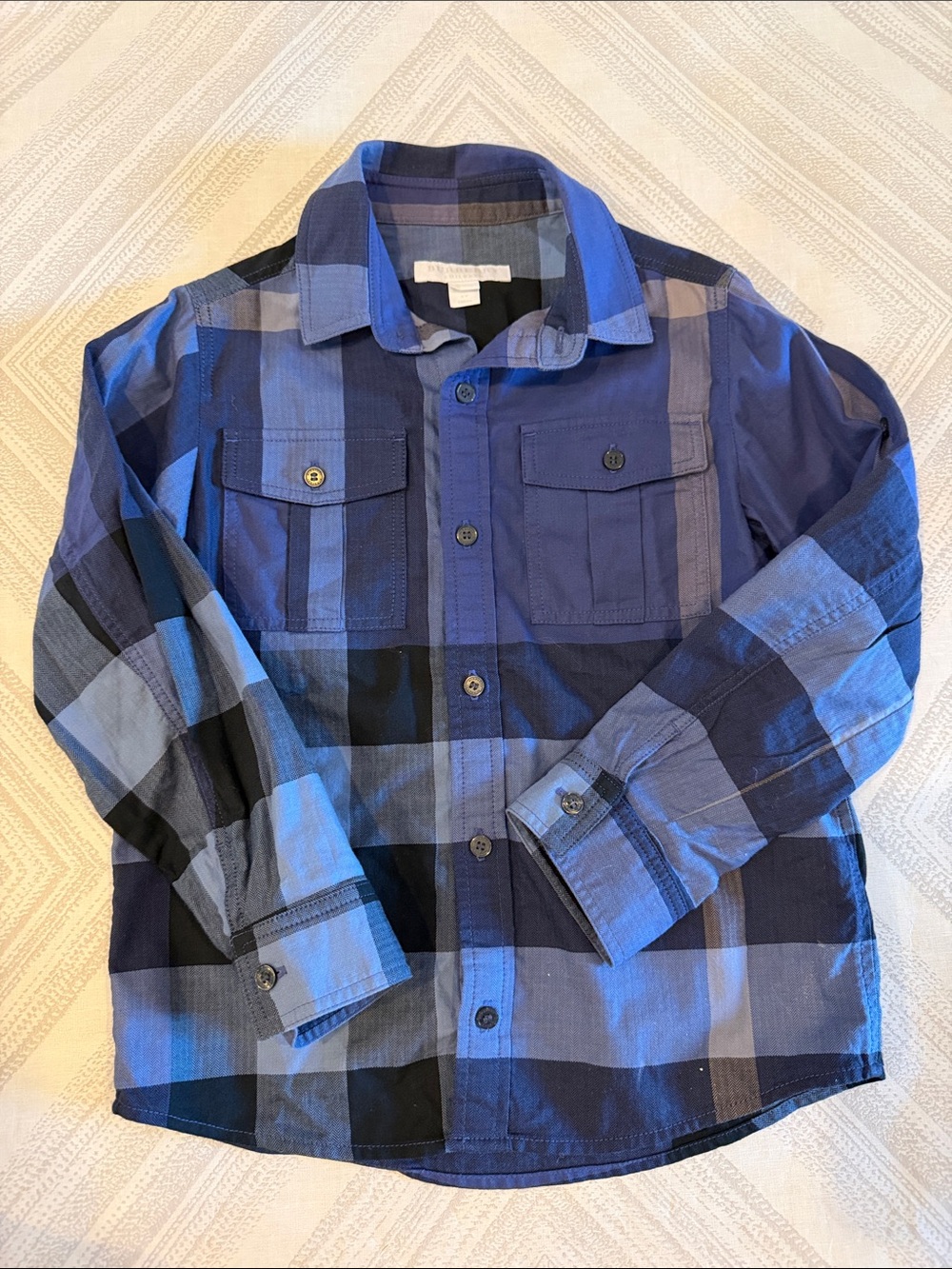 Burberry Children 6Y Blue Herringbone Plaid Button Down Shirt Roll Tab Sleeves